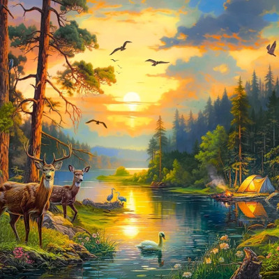 Západ slunce nad lesní řekou