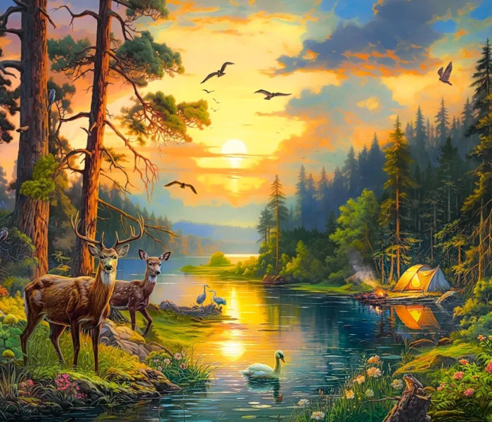 Puzzle - Castorland - Západ slunce nad lesní řekou